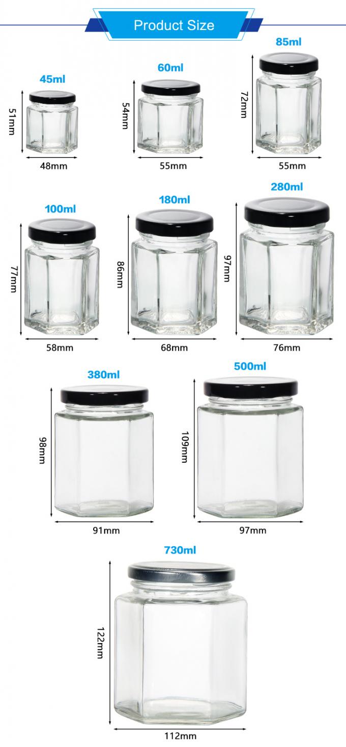 300ml 200ml 100ml ホールセール ヘクサゴン ガラス メーソン グラス ジャム グラス ハニー グラス メタル スクリュー 蓋付き 1