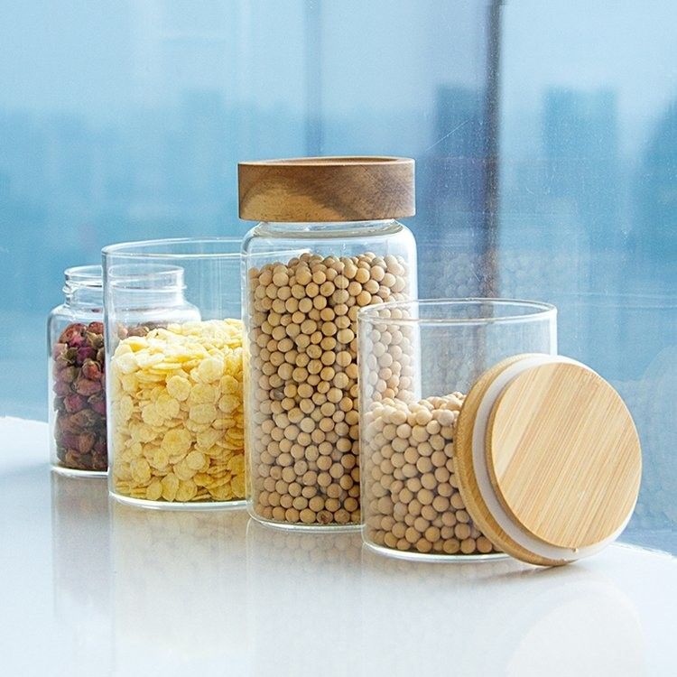 環境に優しい高ボロシリケート食品 防空 キッチン ガラス 貯蔵器 竹製 木製蓋付き